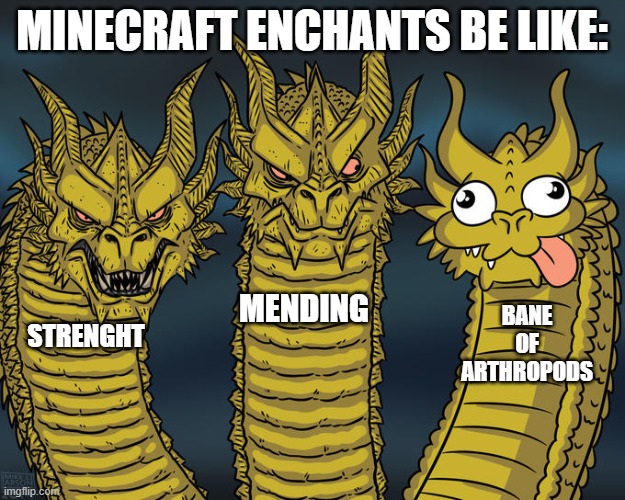 No one uses bane of atrophods and that is true | MINECRAFT ENCHANTS BE LIKE:; MENDING; BANE OF ARTHROPODS; STRENGHT | image tagged in three-headed dragon | made w/ Imgflip meme maker