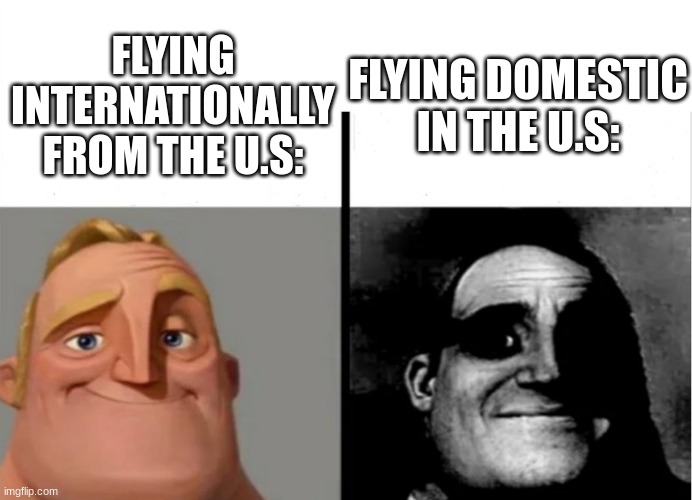 Flying | FLYING DOMESTIC IN THE U.S:; FLYING INTERNATIONALLY FROM THE U.S: | image tagged in teacher's copy | made w/ Imgflip meme maker