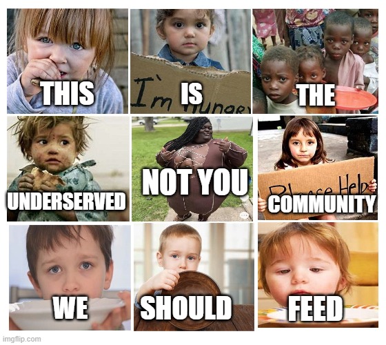 funny | THIS; IS; THE; NOT YOU; UNDERSERVED; COMMUNITY; WE; SHOULD; FEED | image tagged in funny | made w/ Imgflip meme maker