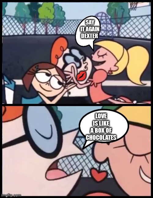 Girls be simping for Dexter | SAY IT AGAIN DEXTER; 💋; LOVE IS LIKE A BOX OF CHOCOLATES | image tagged in memes,say it again dexter,funny memes,dexter lab,simp | made w/ Imgflip meme maker