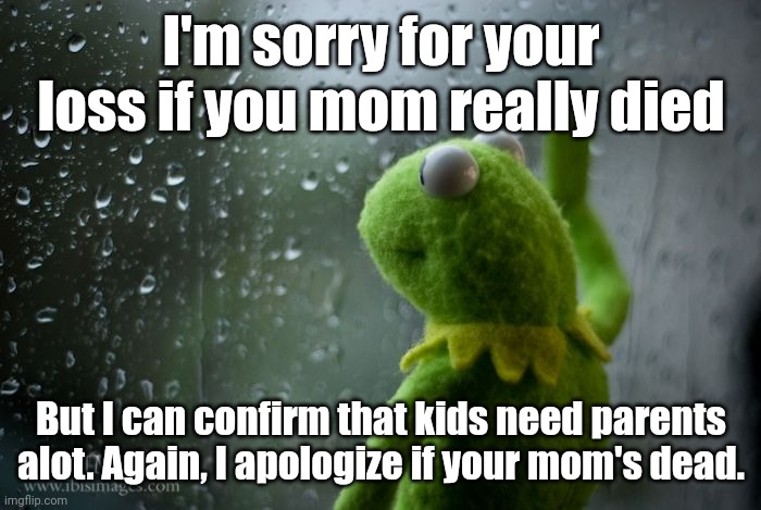 kermit window | I'm sorry for your loss if you mom really died But I can confirm that kids need parents alot. Again, I apologize if your mom's dead. | image tagged in kermit window | made w/ Imgflip meme maker