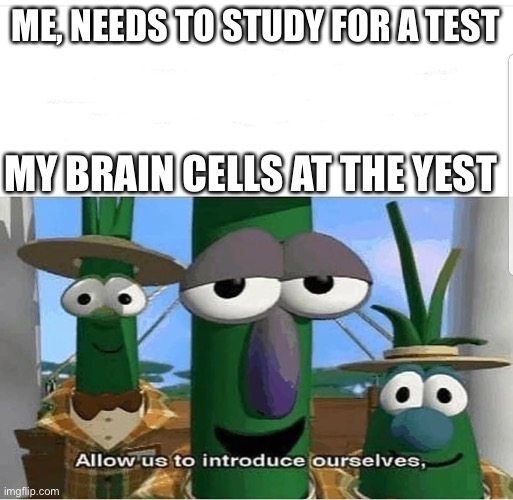 Am I cooked chat? | ME, NEEDS TO STUDY FOR A TEST; MY BRAIN CELLS AT THE TEST | image tagged in allow us to introduce ourselves,memes,broccoli | made w/ Imgflip meme maker