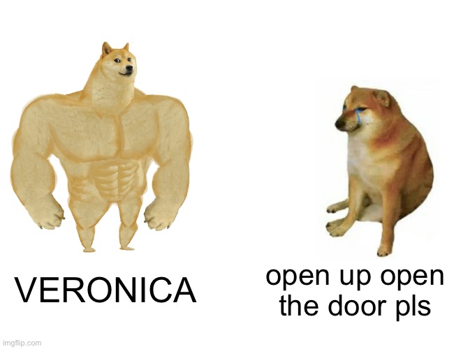 Buff Doge vs. Cheems | VERONICA; open up open the door pls | image tagged in memes,buff doge vs cheems | made w/ Imgflip meme maker