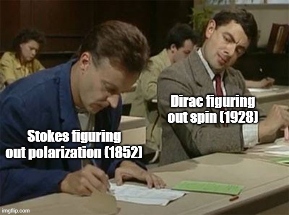 The mathematics of quantum spin is that of classical polarization | Dirac figuring out spin (1928); Stokes figuring out polarization (1852) | image tagged in quantum mechanics,spin,polarization,polarized light,dirac,stokes | made w/ Imgflip meme maker
