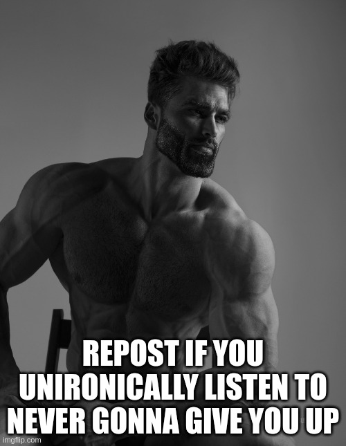 Giga Chad | REPOST IF YOU UNIRONICALLY LISTEN TO NEVER GONNA GIVE YOU UP | image tagged in giga chad | made w/ Imgflip meme maker