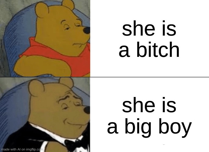 Tuxedo Winnie The Pooh Meme | she is a bitch; she is a big boy | image tagged in memes,tuxedo winnie the pooh | made w/ Imgflip meme maker