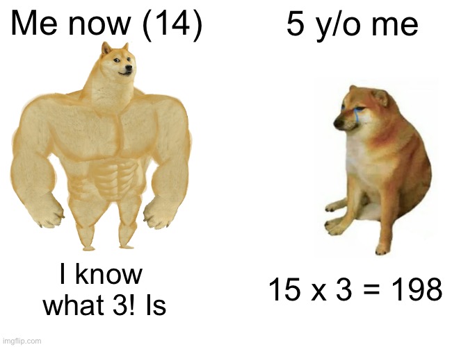 It’s been 9 years | Me now (14); 5 y/o me; I know 
what 3! Is; 15 x 3 = 198 | image tagged in memes,buff doge vs cheems | made w/ Imgflip meme maker