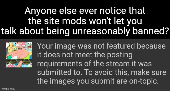 Anyone else ever notice that the site mods won't let you talk about being unreasonably banned? | made w/ Imgflip meme maker