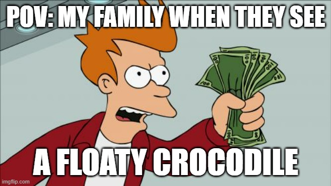 Shut Up And Take My Money Fry Meme | POV: MY FAMILY WHEN THEY SEE; A FLOATY CROCODILE | image tagged in memes,shut up and take my money fry | made w/ Imgflip meme maker