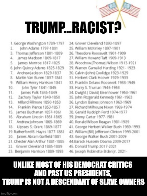 TRUMP...RACIST? UNLIKE MOST OF HIS DEMOCRAT CRITICS 
AND PAST US PRESIDENTS, 
TRUMP IS NOT A DESCENDANT OF SLAVE OWNERS | image tagged in trump,slavery | made w/ Imgflip meme maker