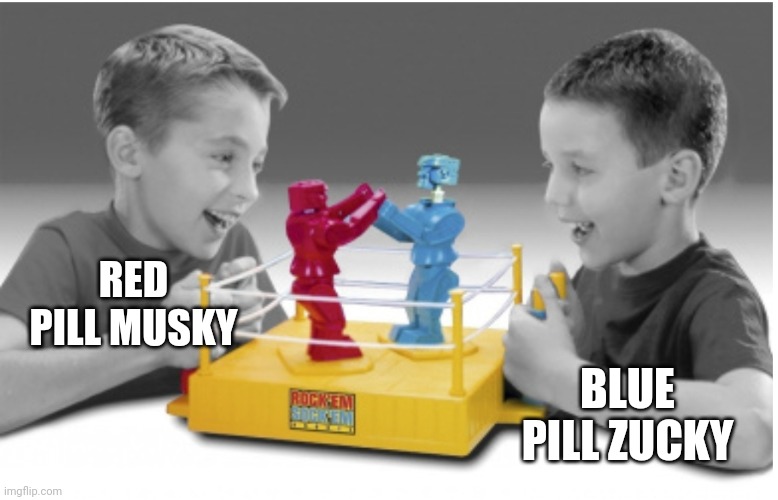 Musk zuck | RED PILL MUSKY; BLUE PILL ZUCKY | image tagged in rockem sockem robots | made w/ Imgflip meme maker