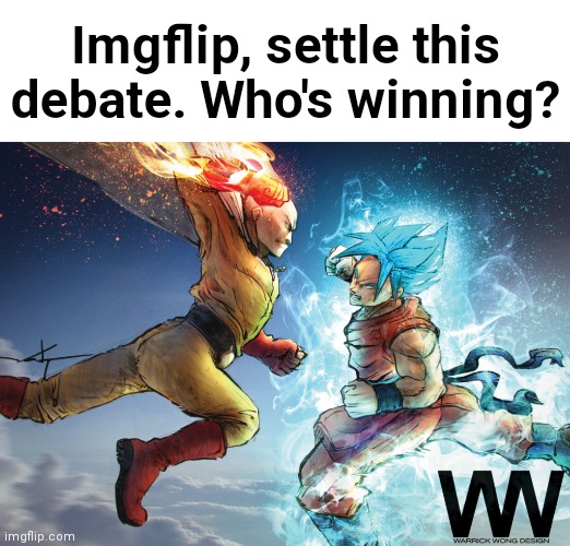 Who would win? | Imgflip, settle this debate. Who's winning? | image tagged in saitama vs goku,saitama,goku,one punch man,dragon ball,who would win | made w/ Imgflip meme maker