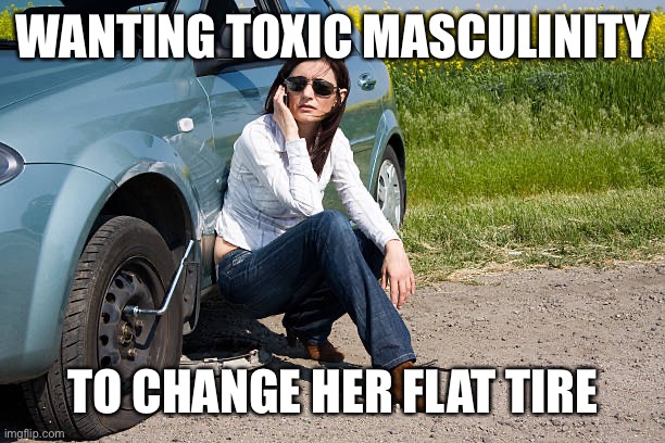 flat tire | WANTING TOXIC MASCULINITY TO CHANGE HER FLAT TIRE | image tagged in flat tire | made w/ Imgflip meme maker