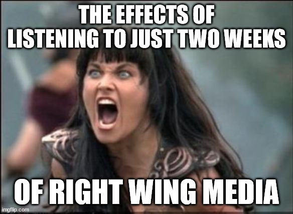 Angry Xena | THE EFFECTS OF LISTENING TO JUST TWO WEEKS; OF RIGHT WING MEDIA | image tagged in angry xena | made w/ Imgflip meme maker