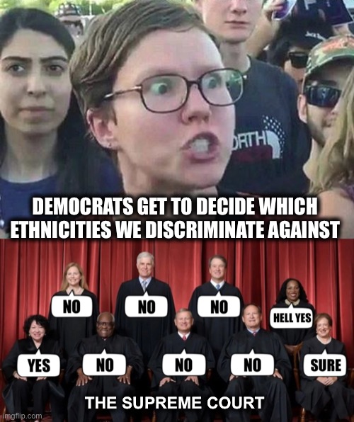 Moral superiority out the window | DEMOCRATS GET TO DECIDE WHICH 
ETHNICITIES WE DISCRIMINATE AGAINST; THE SUPREME COURT | image tagged in triggered liberal | made w/ Imgflip meme maker