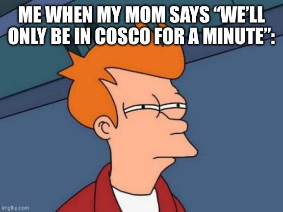 Futurama Fry | ME WHEN MY MOM SAYS “WE’LL ONLY BE IN COSCO FOR A MINUTE”: | image tagged in memes,futurama fry,mom | made w/ Imgflip meme maker