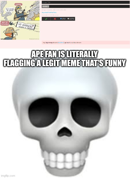 APE FAN IS LITERALLY FLAGGING A LEGIT MEME THAT'S FUNNY | image tagged in skull | made w/ Imgflip meme maker