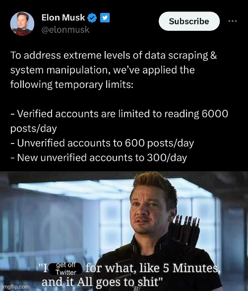 I mean it’s happened before numerous times, but this a whole new level | image tagged in elon musk,hawkeye,marvel cinematic universe,twitter,captain america civil war | made w/ Imgflip meme maker