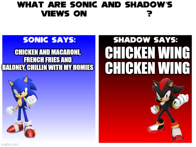 Sonic and shadow’s views on... | CHICKEN AND MACARONI, FRENCH FRIES AND BALONEY, CHILLIN WITH MY HOMIES; CHICKEN WING CHICKEN WING | image tagged in sonic and shadow s views on | made w/ Imgflip meme maker