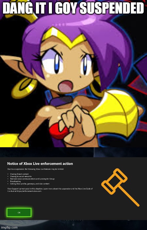 lol | DANG IT I GOY SUSPENDED | image tagged in shantae scared | made w/ Imgflip meme maker