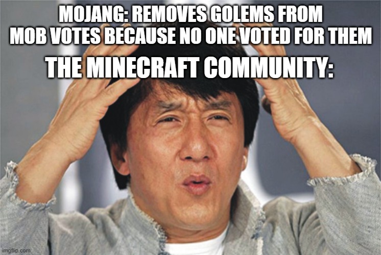 Jackie Chan Confused | MOJANG: REMOVES GOLEMS FROM MOB VOTES BECAUSE NO ONE VOTED FOR THEM; THE MINECRAFT COMMUNITY: | image tagged in jackie chan confused | made w/ Imgflip meme maker