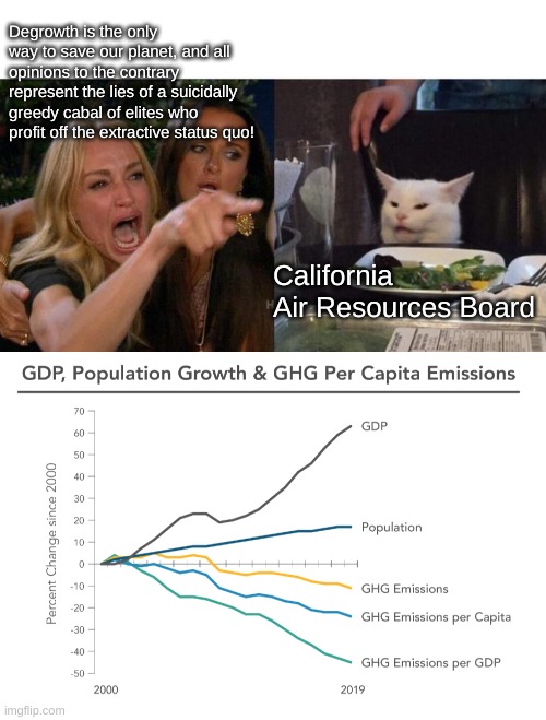 Degrowth is the only way to save our planet, and all opinions to the contrary represent the lies of a suicidally greedy cabal of elites who profit off the extractive status quo! California Air Resources Board | image tagged in memes,woman yelling at cat | made w/ Imgflip meme maker