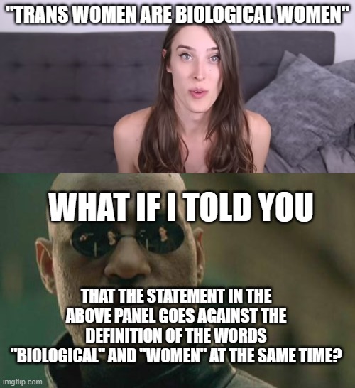 "TRANS WOMEN ARE BIOLOGICAL WOMEN"; WHAT IF I TOLD YOU; THAT THE STATEMENT IN THE ABOVE PANEL GOES AGAINST THE DEFINITION OF THE WORDS "BIOLOGICAL" AND "WOMEN" AT THE SAME TIME? | image tagged in memes,matrix morpheus | made w/ Imgflip meme maker