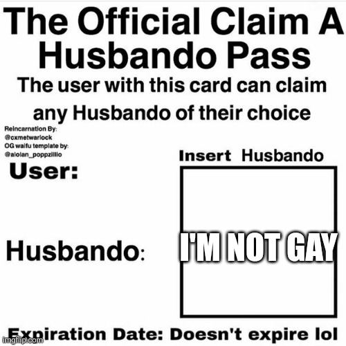Found template | I'M NOT GAY | image tagged in claim your husbando | made w/ Imgflip meme maker