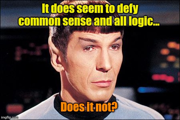 Condescending Spock | It does seem to defy common sense and all logic... Does it not? | image tagged in condescending spock | made w/ Imgflip meme maker