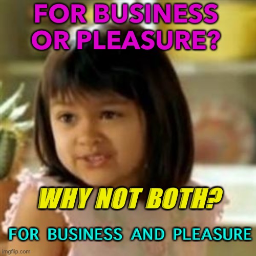 For Business and Pleasure | FOR BUSINESS OR PLEASURE? WHY NOT BOTH? FOR BUSINESS AND PLEASURE | image tagged in why not both | made w/ Imgflip meme maker