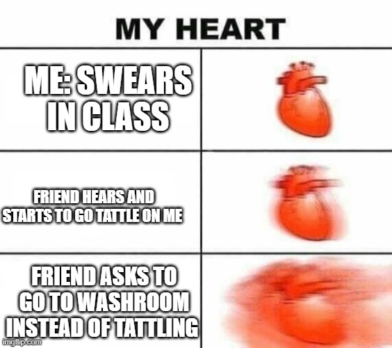 My heart after swearing | ME: SWEARS IN CLASS; FRIEND HEARS AND STARTS TO GO TATTLE ON ME; FRIEND ASKS TO GO TO WASHROOM INSTEAD OF TATTLING | image tagged in heart | made w/ Imgflip meme maker