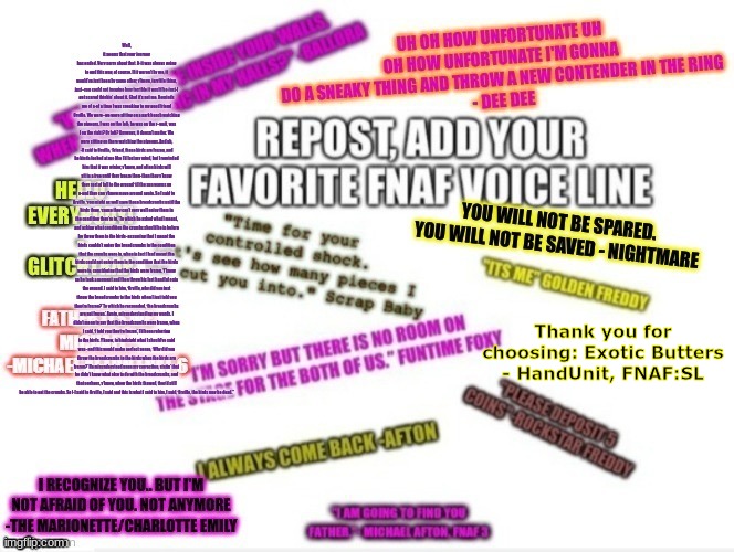 i also enjoy the angsty teen line | Thank you for choosing: Exotic Butters - HandUnit, FNAF:SL | image tagged in fnaf,five nights at freddy's,repost and add,voice line,handunit,fnaf sister location | made w/ Imgflip meme maker