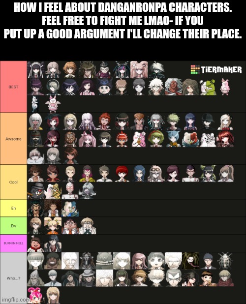 Also, who wants mod? This stream is inactive sooo- | HOW I FEEL ABOUT DANGANRONPA CHARACTERS. FEEL FREE TO FIGHT ME LMAO- IF YOU PUT UP A GOOD ARGUMENT I'LL CHANGE THEIR PLACE. | made w/ Imgflip meme maker