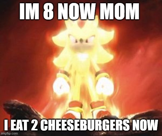 im so matur! ?? | IM 8 NOW MOM; I EAT 2 CHEESEBURGERS NOW | image tagged in super shadow | made w/ Imgflip meme maker