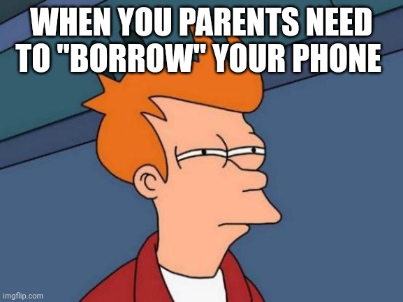 Futurama Fry | WHEN YOU PARENTS NEED TO "BORROW" YOUR PHONE | image tagged in memes,futurama fry | made w/ Imgflip meme maker