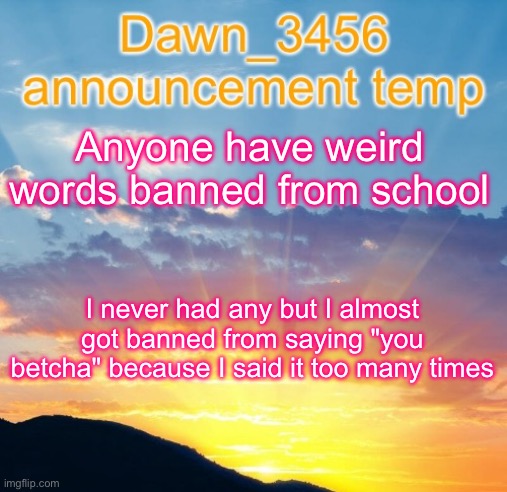 Dawn_3456 announcement | Anyone have weird words banned from school; I never had any but I almost got banned from saying "you betcha" because I said it too many times | image tagged in dawn_3456 announcement | made w/ Imgflip meme maker