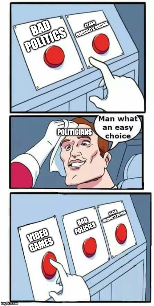 Who you gonna blame? | CLASS INEQUALITY, RACISM; BAD POLITICS; POLITICIANS; CLASS INEQUALITY, RACISM; BAD POLICIES; VIDEO GAMES | image tagged in man what an easy choice | made w/ Imgflip meme maker