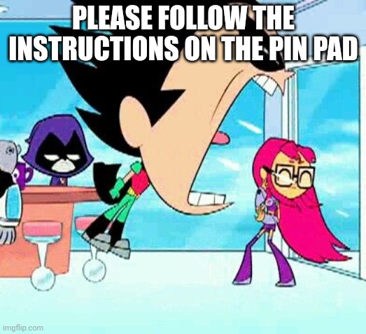 robin yelling at starfire | PLEASE FOLLOW THE INSTRUCTIONS ON THE PIN PAD | image tagged in robin yelling at starfire | made w/ Imgflip meme maker