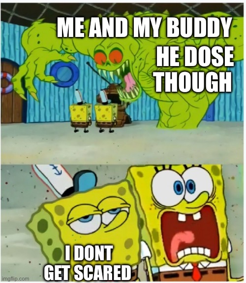 SpongeBob SquarePants scared but also not scared | ME AND MY BUDDY; HE DOSE THOUGH; I DONT GET SCARED | image tagged in spongebob squarepants scared but also not scared | made w/ Imgflip meme maker