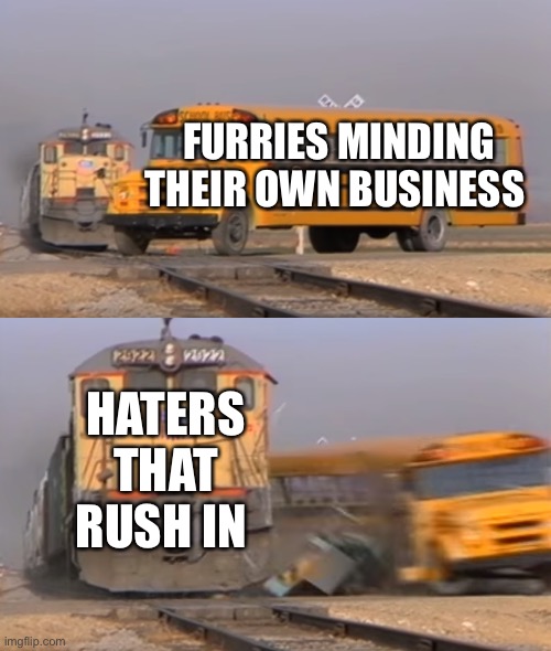 If peace was always an option | FURRIES MINDING THEIR OWN BUSINESS; HATERS THAT RUSH IN | image tagged in a train hitting a school bus | made w/ Imgflip meme maker