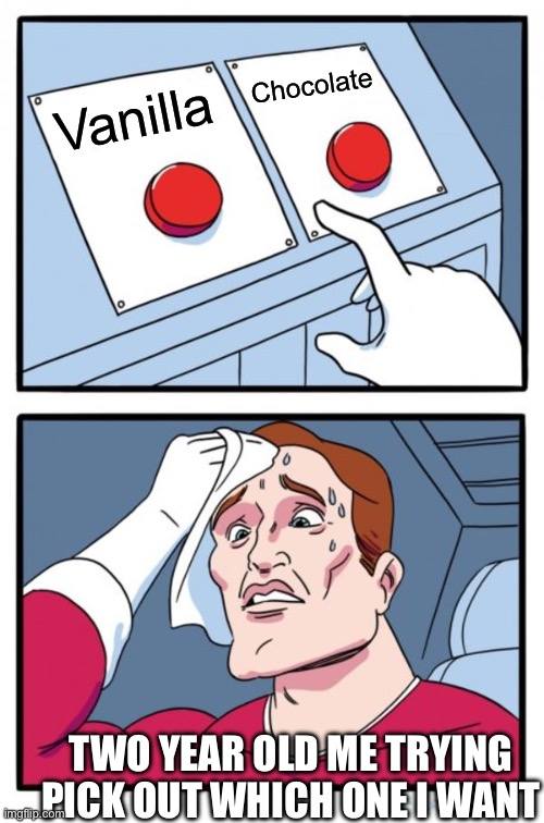 Two Buttons Meme | Chocolate; Vanilla; TWO YEAR OLD ME TRYING PICK OUT WHICH ONE I WANT | image tagged in memes | made w/ Imgflip meme maker