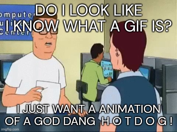 Do i look like I know what a jpeg is? | DO I LOOK LIKE I KNOW WHAT A GIF IS? I JUST WANT A ANIMATION OF A GOD DANG  H O T D O G ! | image tagged in do i look like i know what a jpeg is | made w/ Imgflip meme maker