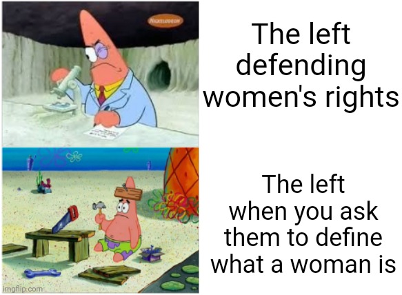 The same people who spend to much time defending women's rights don't even know what a woman is | The left defending women's rights; The left when you ask them to define what a woman is | image tagged in patrick smart dumb,feminism,women's rights,gender confusion,stupid liberals | made w/ Imgflip meme maker
