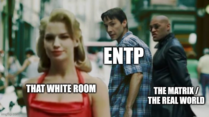 Endless Possibilities | ENTP; THAT WHITE ROOM; THE MATRIX /
THE REAL WORLD | image tagged in distracted boyfriend matrix edition,entp,matrix,mbti,myers briggs,personality | made w/ Imgflip meme maker