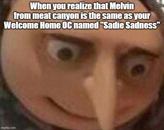I REALIZED THAT WHEN I WAS GOING ON TWITTER...THEY BOTH HAVE THE SAME THINGS AS THEMSELVES! | When you realize that Melvin from meat canyon is the same as your Welcome Home OC named "Sadie Sadness" | image tagged in gru meme,melvinmacabre,welcomehome | made w/ Imgflip meme maker