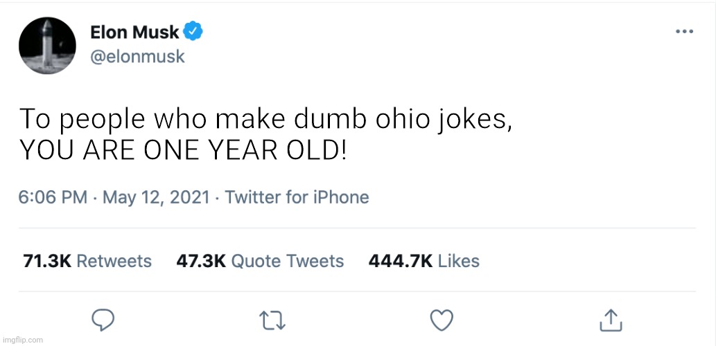 Elon Musk Blank Tweet | To people who make dumb ohio jokes, 
YOU ARE ONE YEAR OLD! | image tagged in elon musk blank tweet | made w/ Imgflip meme maker