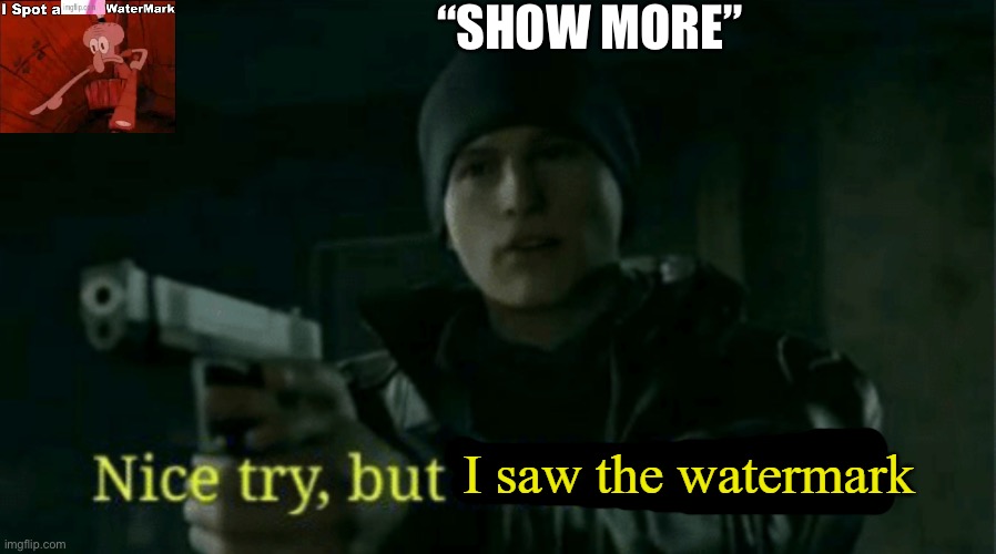 Nice try, but I saw the watermark | “SHOW MORE” | image tagged in nice try but i saw the watermark | made w/ Imgflip meme maker