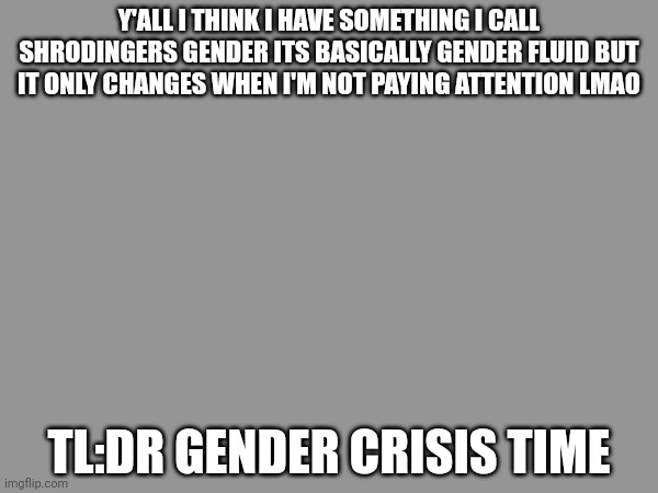 How lovely ? | Y'ALL I THINK I HAVE SOMETHING I CALL SHRODINGERS GENDER ITS BASICALLY GENDER FLUID BUT IT ONLY CHANGES WHEN I'M NOT PAYING ATTENTION LMAO; TL:DR GENDER CRISIS TIME | made w/ Imgflip meme maker