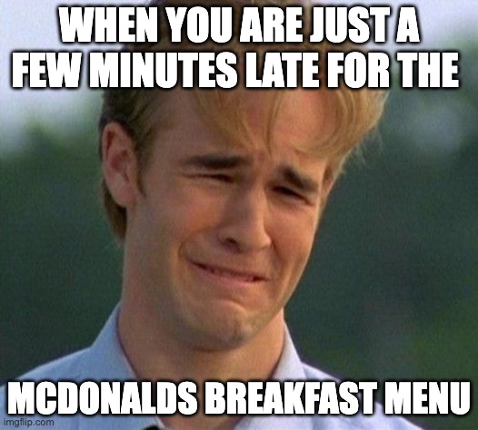 mmmm hash browns..... | WHEN YOU ARE JUST A FEW MINUTES LATE FOR THE; MCDONALDS BREAKFAST MENU | image tagged in memes,1990s first world problems | made w/ Imgflip meme maker