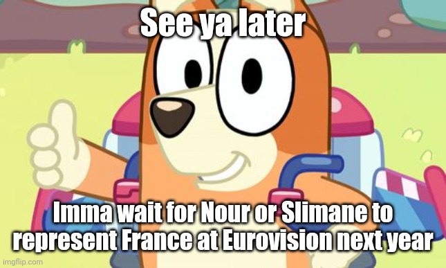 I hope either of my two picks would represent France in Eurovision next year | See ya later; Imma wait for Nour or Slimane to represent France at Eurovision next year | image tagged in jet pack bingo bluey,memes,eurovision,france,singer | made w/ Imgflip meme maker